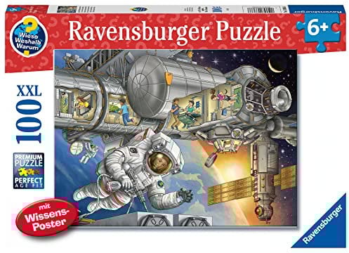 Ravensburger Kinderpuzzle 13366 - Auf der Weltraumstation - Wieso? Weshalb? Warum? Puzzle 100 Teile XXL + Wissensposter, für Weltraumfans ab 6 Jahren