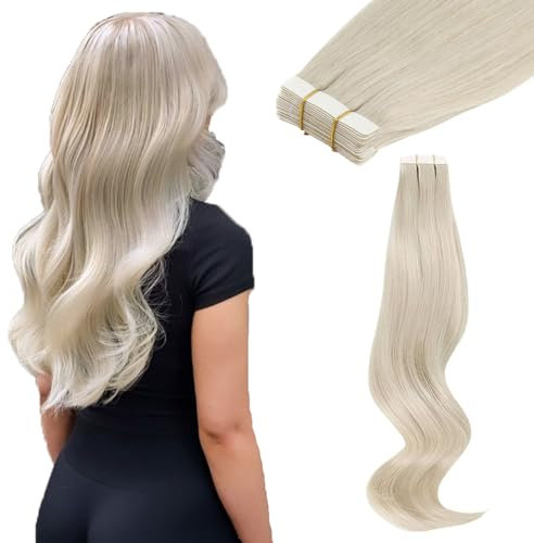 ABH AMAZINGBEAUTY HAIR Tape In Extensions Echthaar 45 cm Weißblond Unsichtbare Echthaar Extensions Tape Menschenhaar Blond Tape in Erweiterungen #1000 20 Stück 50G Hair Extension Tapes