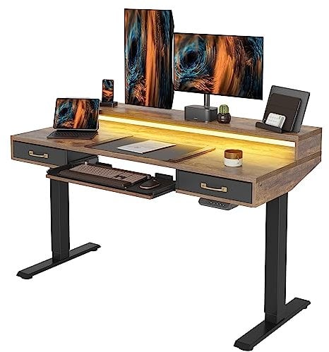 FEZIBO Standing Desk with 2 Drawers&Keyboard Tray, 140 x 60 cm Sit Stand Up Desks with Monitor Stand & LED Strip, Rustic Brown