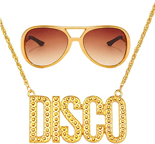 FUKPO Brille Disco Kette Gold Zubehör Set, Fasching Goldkette Rapper Kostüm Herren Gangster Schmuck Kostüm Hip Hop Hustler Bad Taste, 70er 80er 90er Jahre Outfit Karneval Mottoparty Accessoires