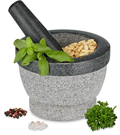 Relaxdays Mortier avec Pilon, en Granite, ustensile Rond, pour épices et Herbes, Lourd, H x D : 10 x 14 cm, Gris