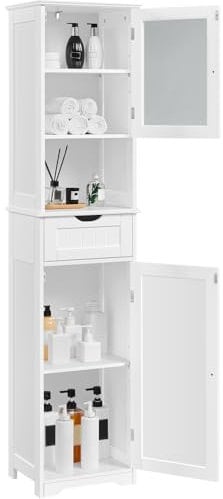 Yaheetech Armario Baño Mueble Auxiliar de Baño de Cocina con Puerta de Cristal Armario Estrecho 40x30x170 cm Blanco