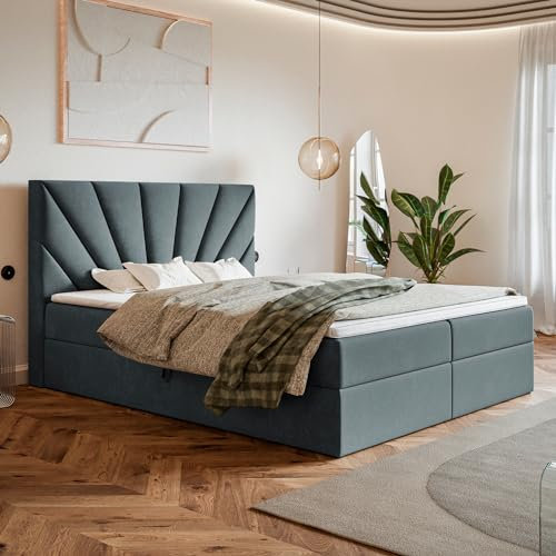 MOTIVENA Aspen Boxspringbett 180x200 mit Bettkasten und Topper, Polsterbett 180x200 mit Bettkasten, Bonellfederkern-Matratze (H4), Visco Memory-Foam Topper (H2), Samt, Grau (Anthrazit)