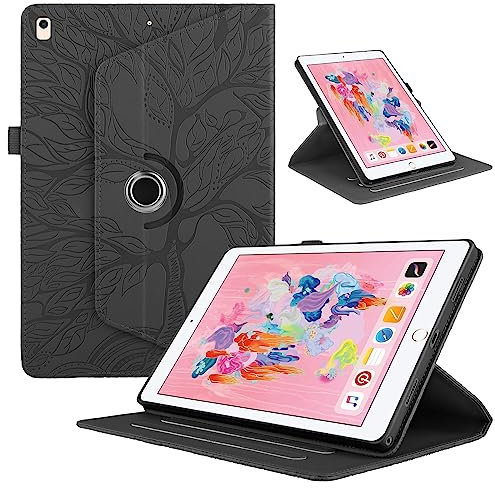 TEDTIKJT Coque Compatible avec iPad 9.7 2018/2017 6th/5th Gen Flip PU Cuir 360°Rotatif Multi-Angle Stand Housse Cover avec Réveil/Sommeil Automatique Arbre de Vie Tablette Protection Case,Noir
