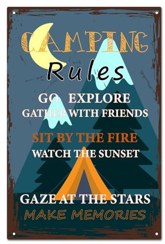 CREATCABIN Camping-Regeln-Schild,Vintage-Metall-Blechschild,Wanddekoration,Poster,Retro-Gemälde,Eisenkunst Für Camping,30x20cm Gehen Sie Auf Entdeckungsreise Und Treffen Sie Sich Mit Freunden