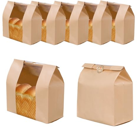 OULLYY 50 Packs Large Paper Bread Bags for Homemade Bread, Sourdough Bread Bags, Kraft Paper Bakery Bag with Clear Window for Baked Food Packaging Storage, Bonus Label Seal Sticker