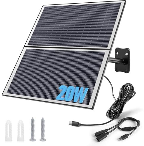 Xega 20W Panneau Solaire pour Batterie Caméra de Surveillance Extérieure, Interface Type-C, Cnnection Câble de 3 mètres, Noir