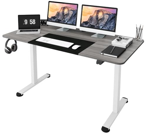 COSTWAY Höhenverstellbarer Schreibtisch, elektrischer Computertisch 140 x 70 cm, mit Stopp-Mechanismus, inkl. Kabelhaterung & Haken, ideal für Homeoffice und Büro (Dunkelgrau)