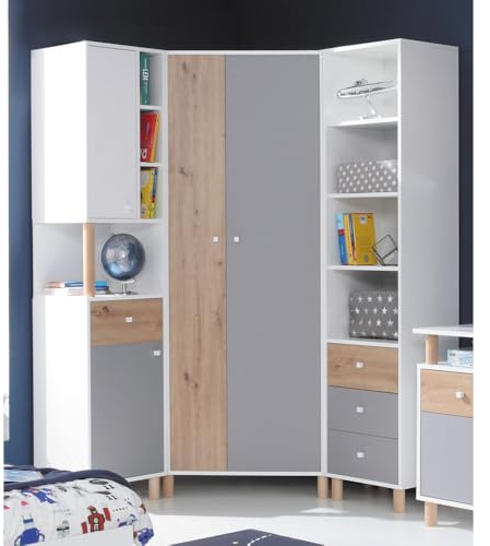 Lomadox Jugendzimmer Set 3-teilig mit 2 Regalschränke, 1 Eckkleiderschrank in weiß mit Eiche und grau