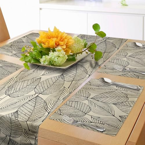 ABAKUHAUS Beige Tischläufer & 4 Stück Tischsets, Herbstliches geometrisches Blattmuster dekoratives Laubdesign abstrakte Linienanordnung, Set für die Tischdekoration, 180 cm x 40 cm, Beige Schwarz