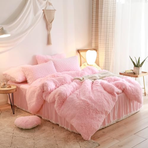 HAIHUA Flauschiges Bettwäsche-Set in Rosa, flauschiger Plüsch, zottelig, 1-teiliges Set (1 Kunstfell-Bettbezug), samtrosa Bettwäsche-Set, Doppelbett, mit Reißverschluss (Rosa, Doppelbett)