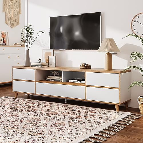 Soweiz Lowboard, TV-Schrank, Wohnzimmermöbel in Weiß und Holzfarben. Fächern und Türen im natürlichen Landhausstil.