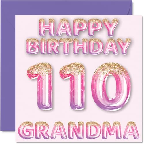 110th Birthday Card for Grandma, Pink & Purple Glitter Balloons | Happy Birthday Cards for 110 Year Old Grandma from Grandson Granddaughter, 145mm Bday Greeting Cards Gift
