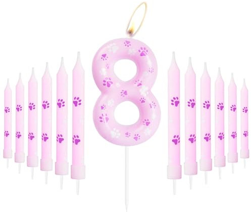 Pink Dog Paw 8th Birthday Candles, Birthday Number 8 Candles for Cake, Pink 8th Birthday Cake Decorations, Pink Cake Topper, Pink Dog Paw Theme for Boys Girls Pet Birthday Party Decorations Supplies
