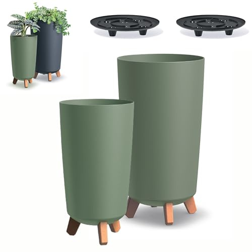 DIKEL 2X Runder Blumentopf ⌀ 19,5 cm x 36,5 und ⌀ 24 cm x 44,5 cm | Pflanzkübel mit Steckfüßen | Übertöpfe für drinnen und draußen | Pflanzentopf Dekoration für Haus und Garten | Grün