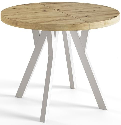 AlpiMeble Runder Esszimmertisch OVO, ausziehbarer Tisch Durchmesser: 90 cm bis 190 cm, Wohnzimmertisch Farbe: Artisan, mit Holzbeinen in Farbe Weiß