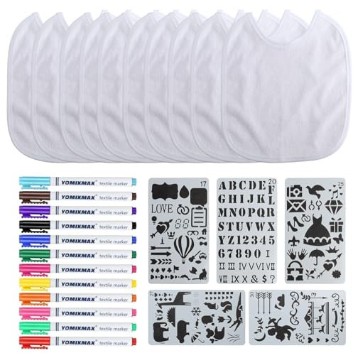 12 STK Lätzchen zum Bemalen, Weiße Baby Lätzchen, Wasserdicht Lätzchen Weiß, Baumwolle Halstuch Sabberlätzchen Baby for Babyparty Babyshower Party Deko Junge Mädchen, mit 12 Textilstifte, 5 Lineale