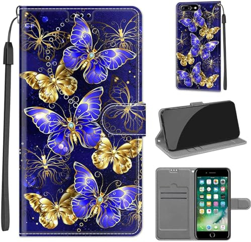 TOMYOU PU Leather Wallet Case for iPhone 7 Plus/8 Plus, Butterfly | Pouch Design, Book Flip Folio, Magnet Closure, Kickstand, Card Slots, Wrist Strap Lanyard, Pattern Style