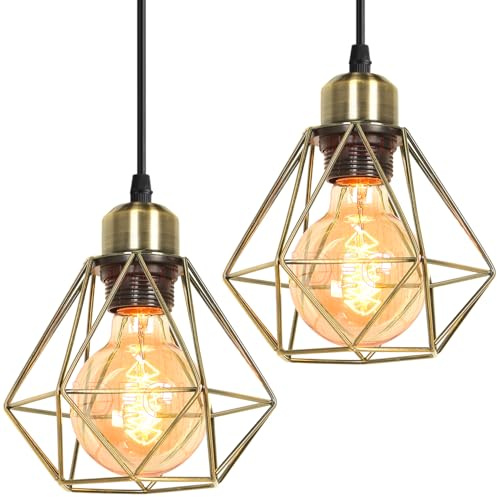 iDEGU 2 Stück Pendelleuchten Schwarz 16cm Industrial Hängelampe aus Metall Lampenschirm Käfig Design Vintage Lampe E27 1-flammig Hängeleuchte für Esstisch Flur Küche Schlafzimmer (Messing Fassung)