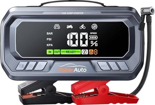YaberAuto 10-in-1 Jump Starter Power Pack 6500A with Air Compressor 160PSI, Portable PD 65W Car Battery Jump Starter (All Gas/12L Diesel) Jumper Starter Power Bank with Jump Leads, 160W DC,600 Lumen