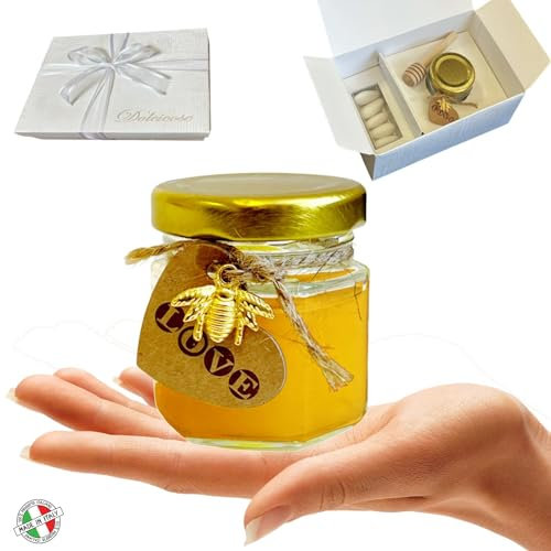 Regalami.shop vasetti per miele, 5 bomboniere per tutte le cerimonie completa di scatola, confetti, nastro e bigliettino personalizzato (mie, 5)