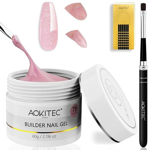 Aokitec Builder gel unghie - 60g Gel per Estensione Unghie Glitter Rosa Set Manicure per Miglioramento Unghie con 100 Dischetti per Unghie e Pennello per Unghie Acriliche per Principianti