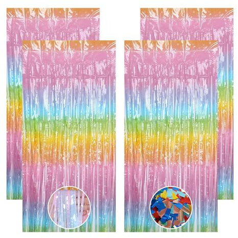 LongHoneySong 4 Stück Lametta Vorhang Bunt, Glitzervorhang Lametta Glitzer, Vorhang Geburtstag, Fasching Deko, Geburtstagsdeko Party Glitzer, Karneval Deko mit Konfetti Party Dekoration（1 m x 2 m）