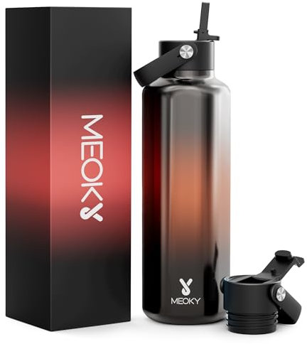 Meoky Insulated Metal Drink Bottle for Men: 710ml Leakproof Water Bottle with Straw - Keeps 24 Hours Cold & 12 Hours Hot for Home Office Sports - Boyfriend Husband Dad, Amber