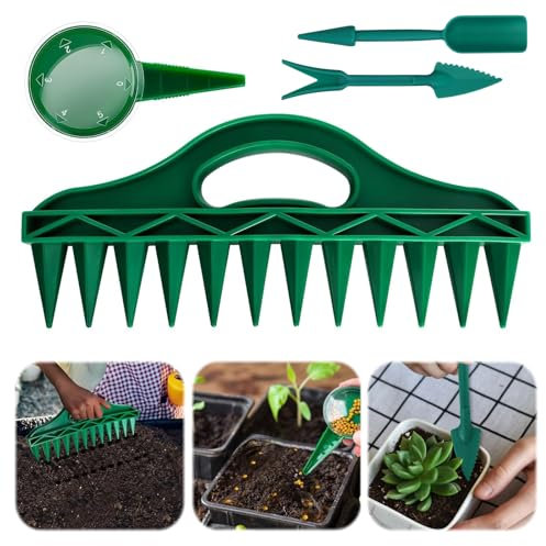4er Set Sämaschine Pflanzhilfe mit 12 Löchern SamenSpender zur Vermehrung mit verstellbarem Hand Setzgerät Pikierstab und Pikiergabel Pflanzensamen Werkzeug Für Gartenbau-Aussaat