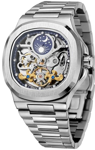 FORSINING Herren Luxus Automatik Selbstaufzug Skelett Analog Sonne und Mond Uhr mit Edelstahl Armband