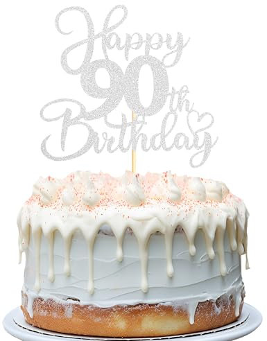 Sotpot 1PC Happy 90th Birthday Cake Topper Double-sided Silver Glitter Cake Pick Cake Decoration for 90th Birthday Anniversary Party Supplies