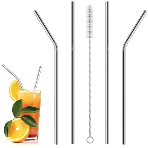 Eastrise 4-Pack 304 Stainless Steel Reusable Straws with Cleaning Brush - Bent/Straight Eco-Friendly Metal Drinking Straws for Smoothies, Bubble Tea, Cocktails - Dishwasher Safe, Polished Edges