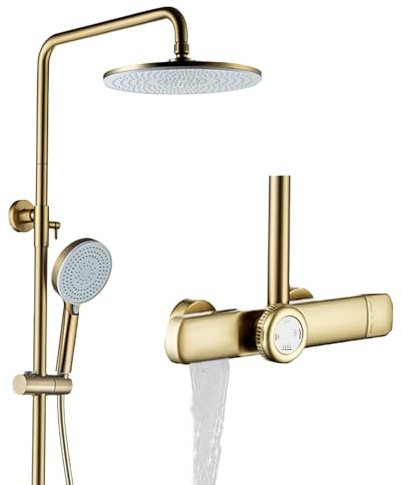 Duschsystem mit Thermostat, Duscharmatur Komplettset Gold mit 26cm Rund Regendusche, 3 Strahlarten Handbrause und Wasserfall Auslauf, Höhenverstellbare Duschset Messing, Regendusche mit Armatur