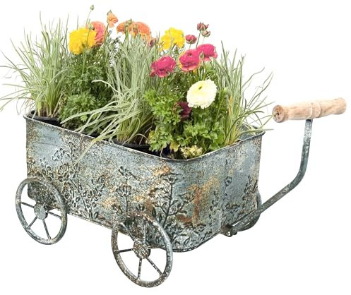 Zokyntrix Flower Cart with Wooden Handles, Metal Wagon Planters for Outdoor Plants, Garden Planter with Wagon Wheels, Decorative Wheelbarrow, Plant Cart for Patio Garden Balcony (Blue)