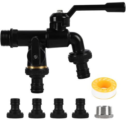 Brass Double Water Tap,1/2 inch Double Outlet Garden Tap Rust and Antifreeze Double Output Faucets with 4 Hose Connectors for Garden Household Industry (Black Light Luxury)