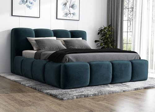 A&J MöbelLand Polsterbett 140x200 mit Bettkasten und Lattenrost – DONA, Bett mit Matratze und Stauraum in Blau