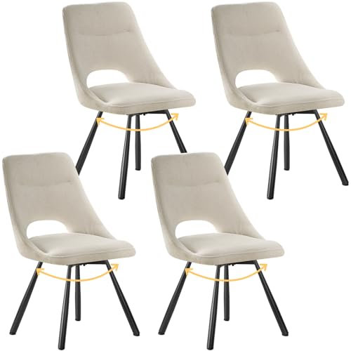 ANVOFONG Lot de 4 Chaises Pivotantes Salle à Manger, Pivotant 180°, Chaises Pivotant, Tissu Coton Cachemire avec Pieds Métal Noir pour Salle à Manger, Cuisine, Beige