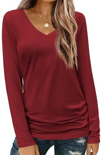 Zeagoo Women Long Sleeve T Shirts V Neck Top Casual Loose Fit Plain Tops | Ladies Tops｜Autumn Winter Base Layer｜Basic Soft Longsleeve Top｜Solid Tee Shirt｜Black/Brown/White Top Women｜S-XXL