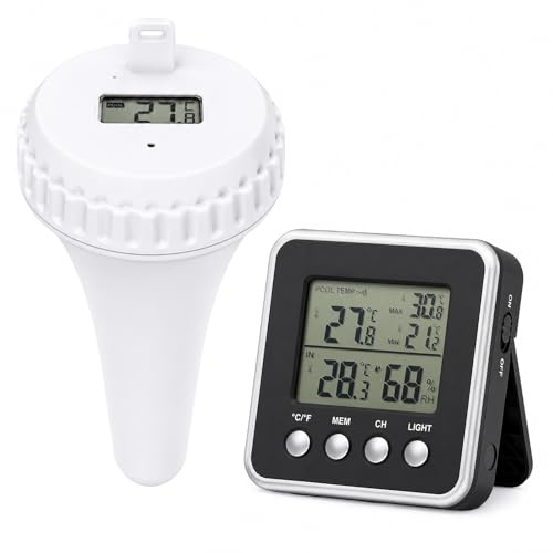 Termómetro Inalámbrico para Piscina con Alcance de hasta 150 m | Sensor Flotante Impermeable IPX8 y Receptor Interior, Medición en Tiempo Real, para Piscina y Spa