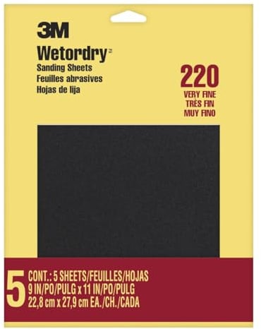 3M Wetordry Sandpaper, 5 Sheets, 9 in x 11 in, 220 Grit, Very Fine, Use for Wet and Dry Sanding, For Sanding Between Coats of Varnish, Lacquer, Paint & Other Finishes, Waterproof Paper (9087DC-NA)