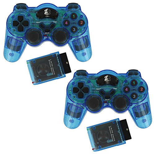 ZedLabz wireless RF double shock vibration gamepad controller for Sony Playstation 2 PS2 - Twin pack - Blue