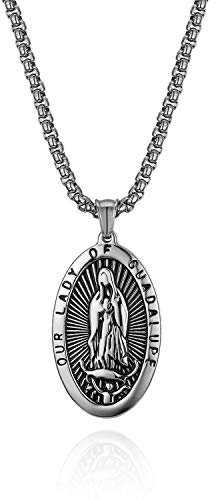 Flongo Rosenkranz Kette Halskette, Edelstahl Anhänger Halskette Kette Silber Jungfrau Maria Heilige Maria Mutter Gottes Retro Medallion Herren,Damen