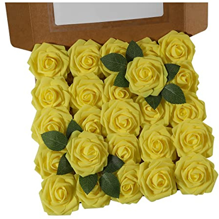 Ruiuzi Lot de 25 Roses artificielles réalistes avec Tige pour Bouquets de Mariage, centres de Table, fête de Mariage, décoration de Maison (Jaune, 25pcs)