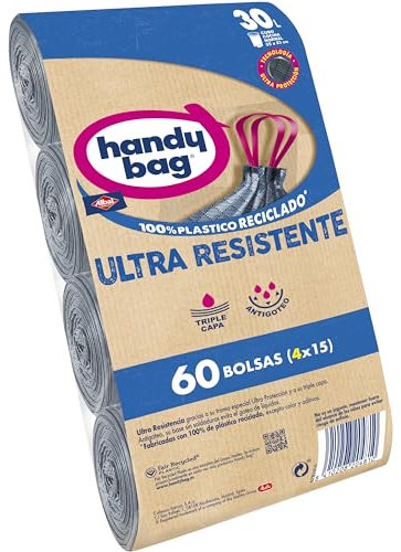 Handy Bag Bolsas de Basura 30L, Ultra Resistentes, No gotean, 60 Bolsas