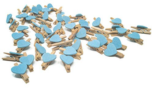 Oblique Unique® Lot de 50 mini pinces à linge en bois en forme de cœur - Pinces décoratives pour emballage cadeau, cartes nominatives, mariage, etc. - Bleu rose (bleu)