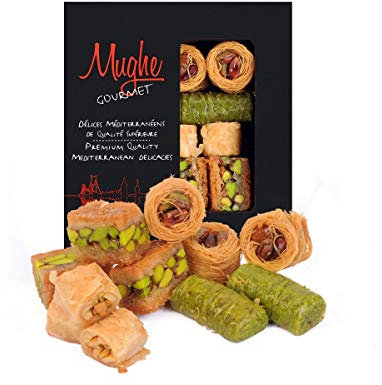 Mughe Gourmet - Assortimento di Bocconcini di Baklava al Pistacchio Turco in Elegante Scatola Regalo - Piccoli Dolci Fatti a Mano - 150g - Celebra Compleanni, Festa del Papà e della Mamma, Natale