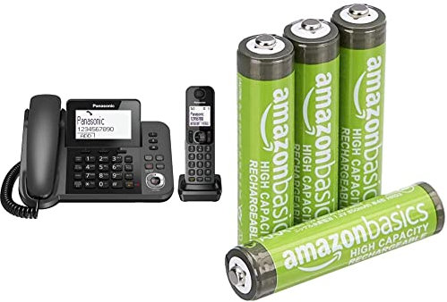 Panasonic KX-TGF320 Corded and Cordless Home office Telephone Kit - Black & Amazon Basics AAA High-Capacity Rechargeable Batteries, Pre-charged - Pack of 4 (Appearance may vary)