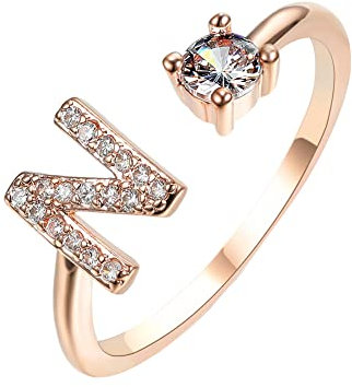 HIJONES Damen Anfangsbuchstabe Open Ring mit Zirkonia Stapelbaren Alphabet Verstellbaren Ringen Roségold Brief N