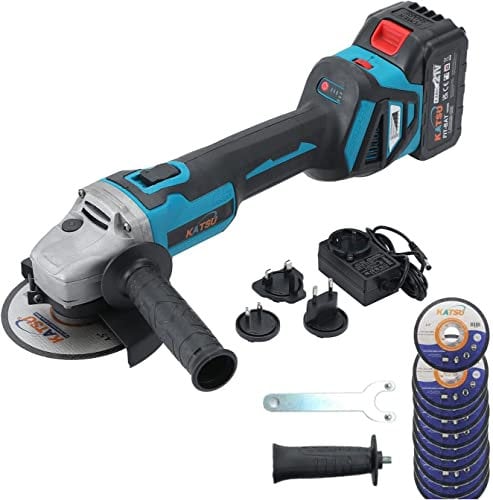 Smerigliatrice Angolare a Batteria Brushless 21V/18V KATSU FIT-BAT, con 4,0Ah Batteria e Caricabatterie, 115mm 125mm, 6 Velocità, 10 x 115mm Dischi Smerigliatura in Acciaio Inossidabile