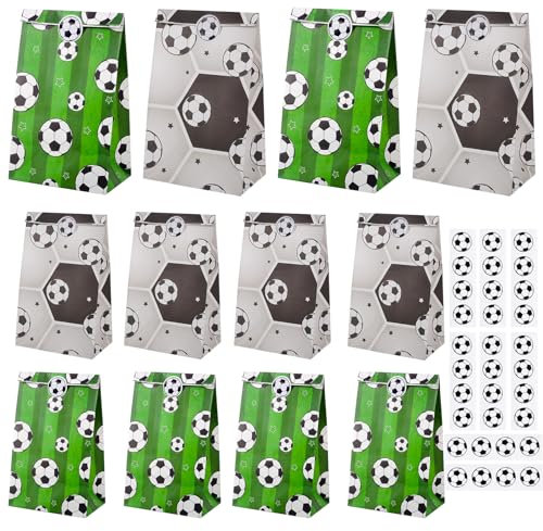 30 Stück Geschenktüten Fussball, 2 Designs Geburtstagstüten Fußball Papiertüten Partytüten Mitgebsel Tüten für Kindergeburtstag Fußball Mottoparty Giveaway(mit 32 Aufkleber)